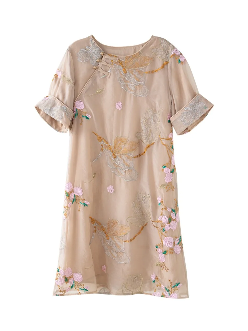 New Chinese Sle Embroidered Heavy Faion ort Sve Midi Dr Ladies Summer 2025 Straight Cut Thin Material Floral Pattern