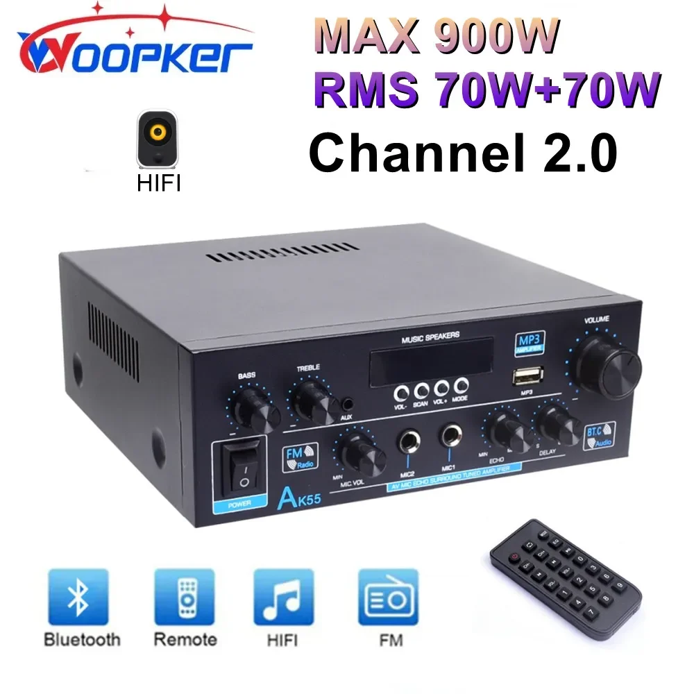 Woopker Amplifier AK55 900W Max 2.0 Channel Rated 70W+70W Bluetooth Audio Hifi AMP Karaoke Music Player Support 110V 220V 12V