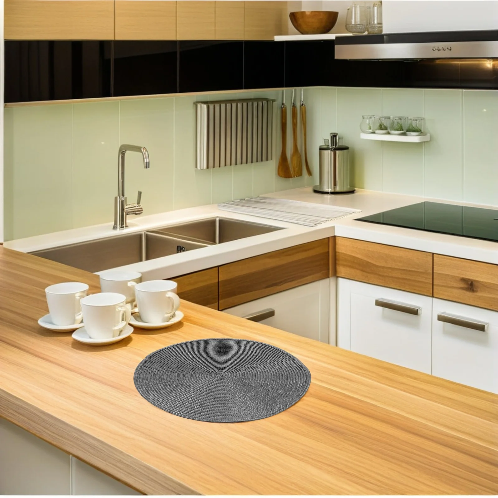 

6Pcs Round Wipeable Placemats Heat Resistant Non Slip Plastic Woven Dining Table Mats American Style Circle Pads