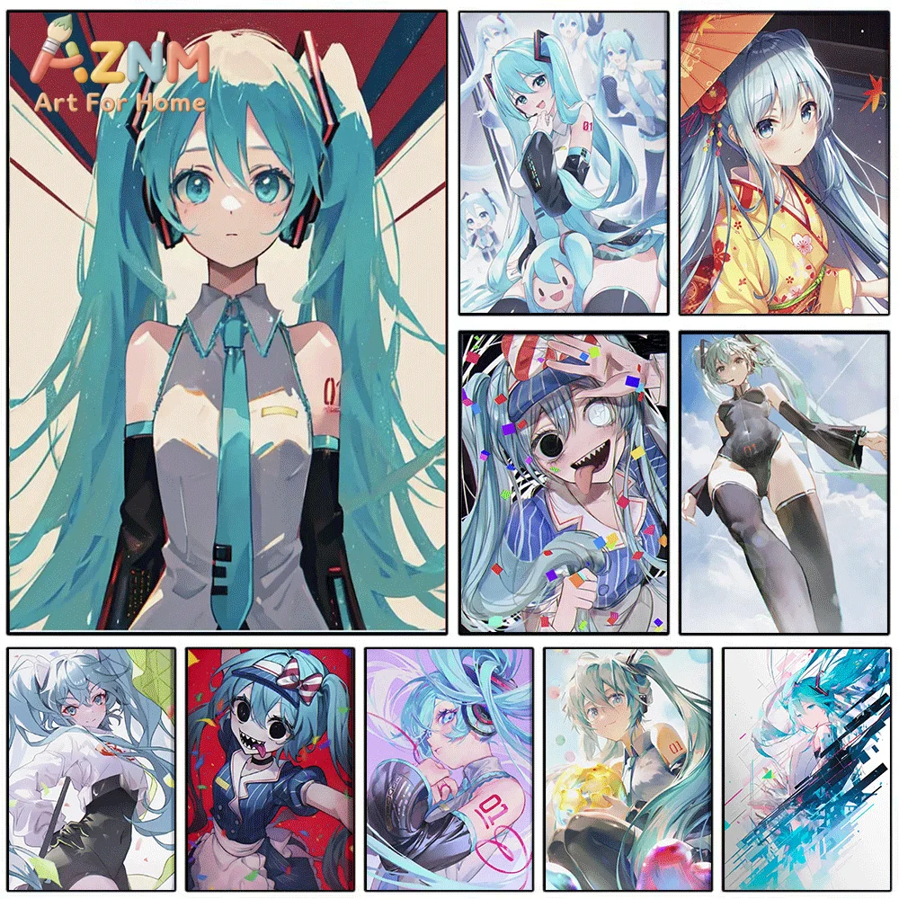 AZNM Hatsune Miku Artistic Portrait Canvas Painting, Frameless Canvas Wall Art, Virtual Singer Anime Wall Painting for Bedroom
