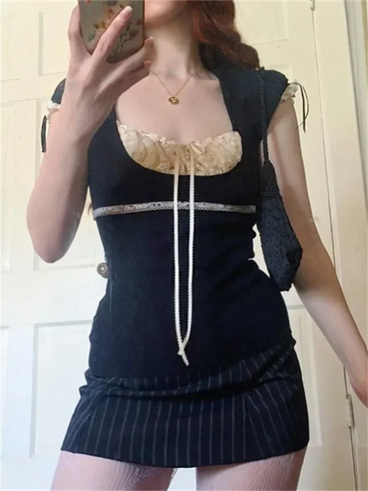 T-shirt estiva da donna Patchwork di pizzo collo quadrato manica corta Tee top Casual Retro Kawaii Y2K camicie estetiche