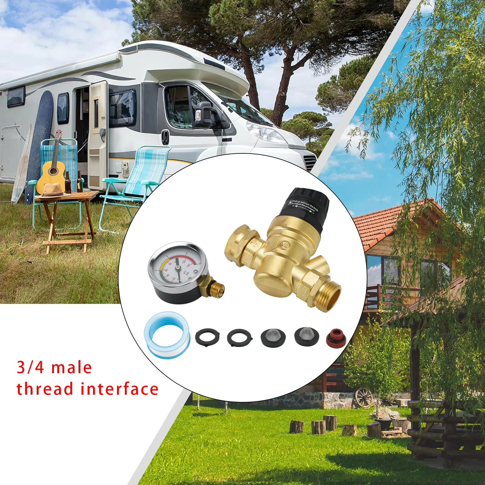 RV Water Pressure Regulator for RV Camper. Brass Lead-Free Adjustable