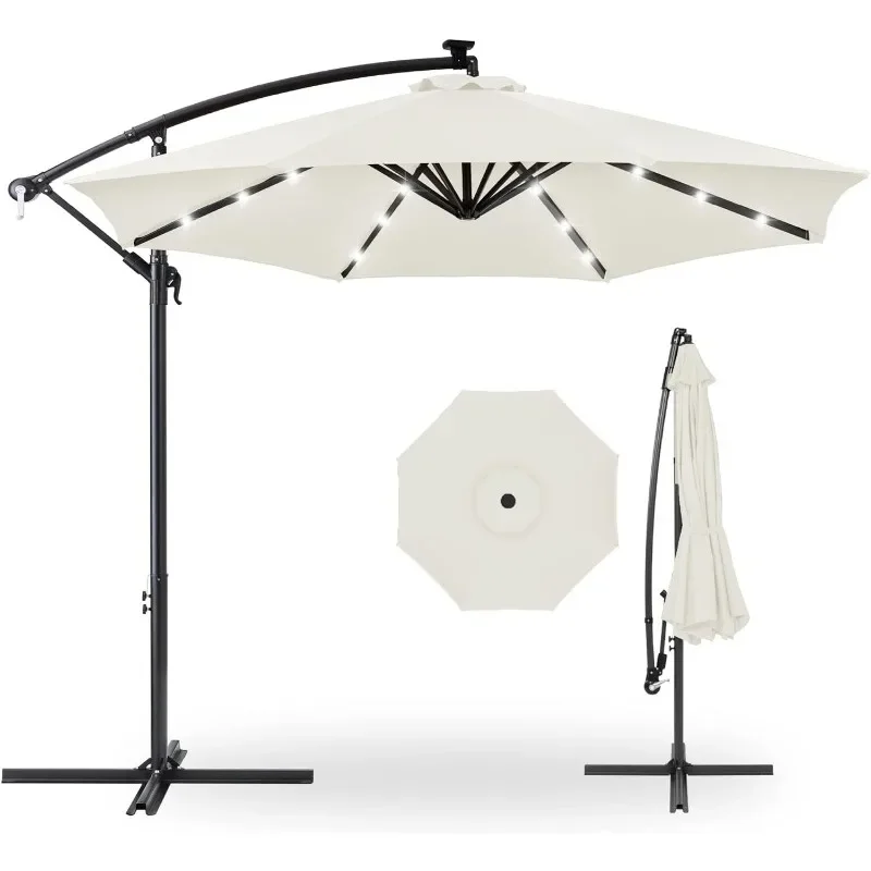 

10ft Solar LED Offset Hanging Market Patio Umbrella for Backyard, Poolside, Lawn and Garden w/Easy Tilt Adjustment, 8 Ribs