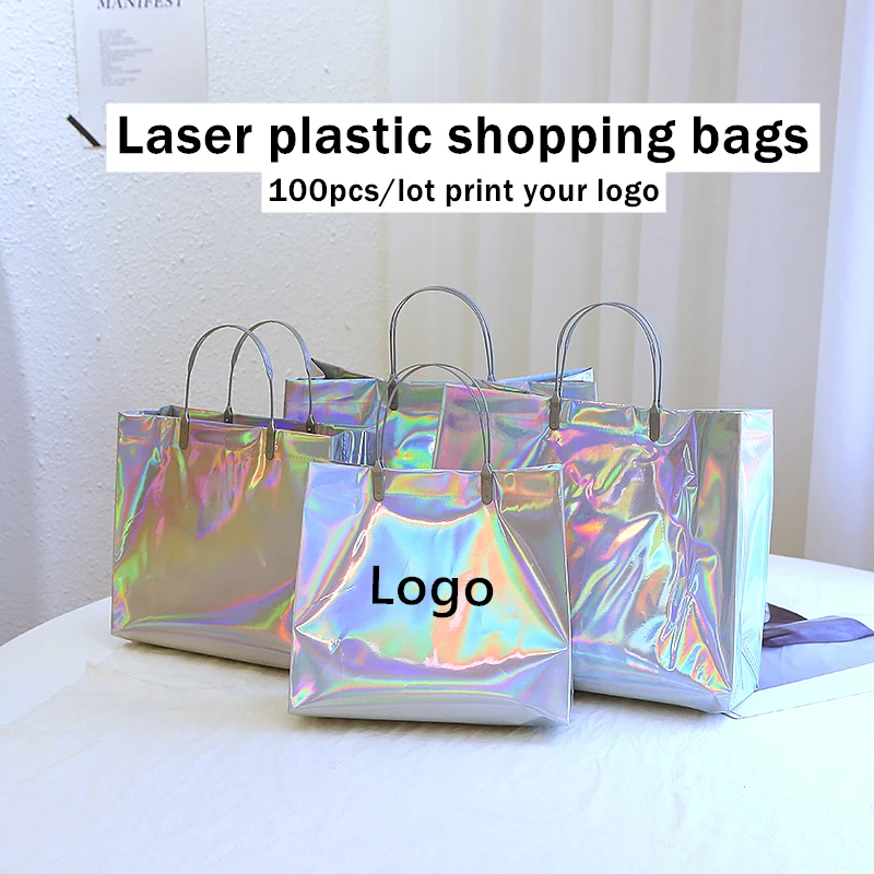 100pcs Laser Portable Tote Bags Personalized Shopping Plastic Handbag Fashion Girl Birthday Wedding Package Customized Logo