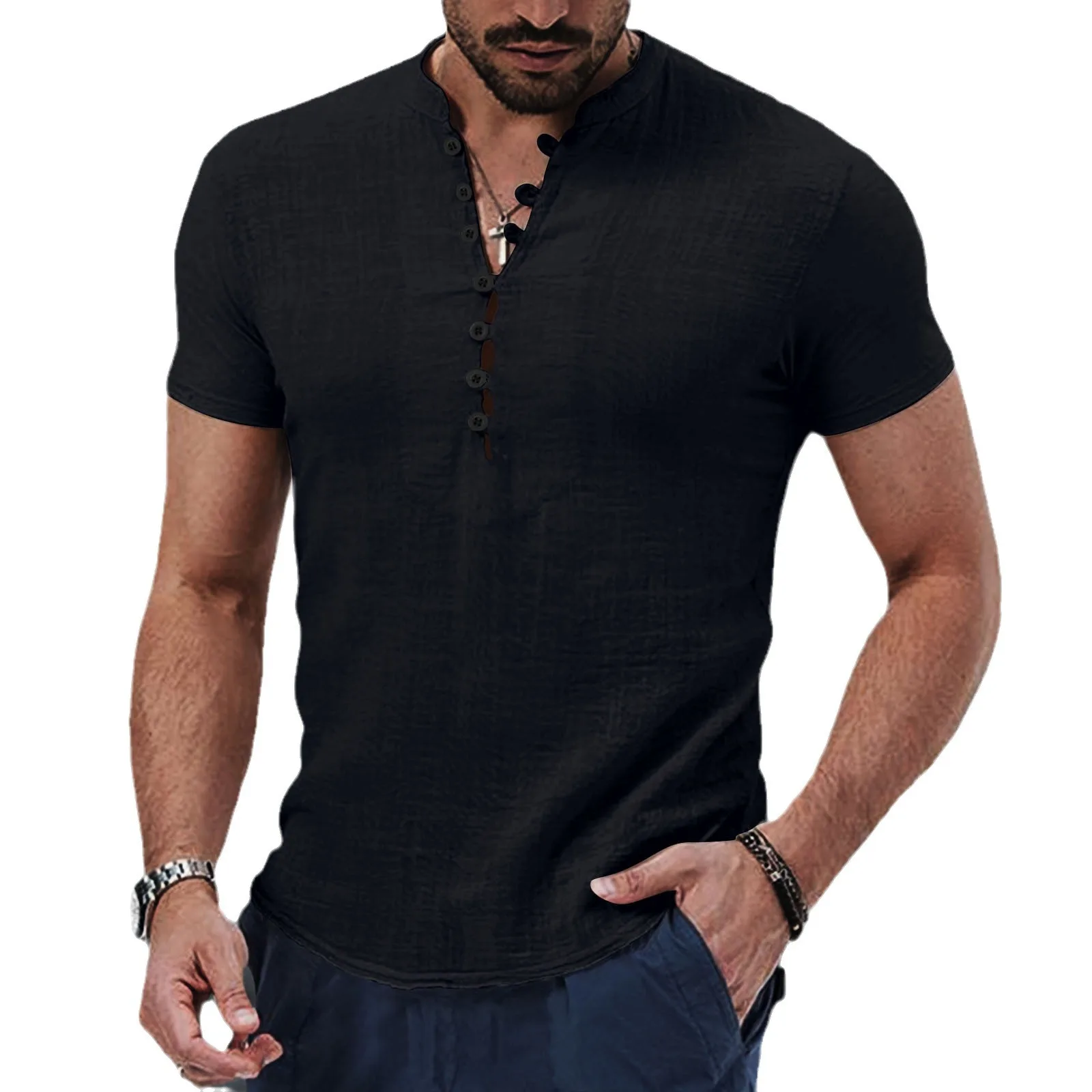 Camicia estiva a maniche corte da uomo Alla moda e confortevole Quotidiano Casa Viaggi all\'aperto Casual Top in cotone e lino traspirante