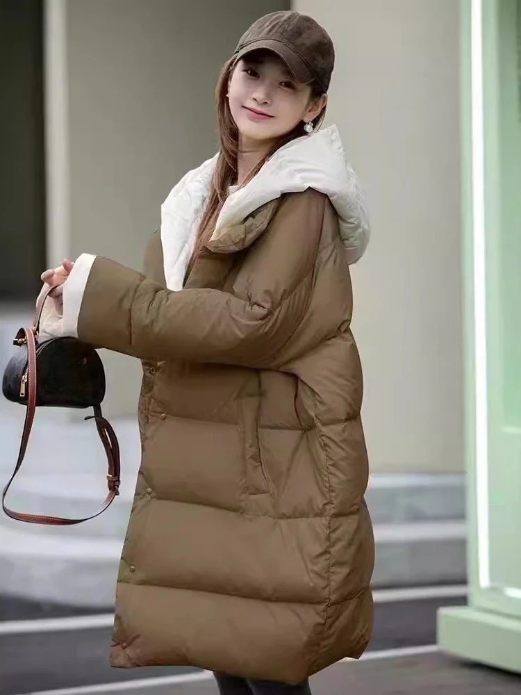 

Warm Parkas Female 2024 Women Winter White Duck Down Jacket Stylish Hooded Fake Two-piece Design Thickened Warm Snow Puffer Coat