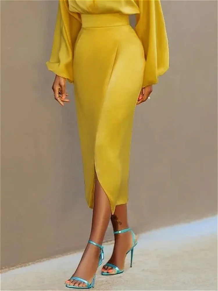 Modigirl Women Bodycon High Waisted Yellow Split-Front Skirts Bottoms 2026 New Spring Summer Autumn Woman Urban Skirts Clothes