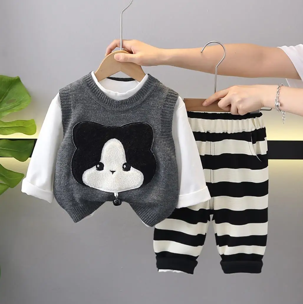 

2024 Infant Baby Outfits Korean Style Clothes for Kids Boys V-neck Knitted Woolen Vest+T-Shirts+Stripe Pants Toddler Girls Sets