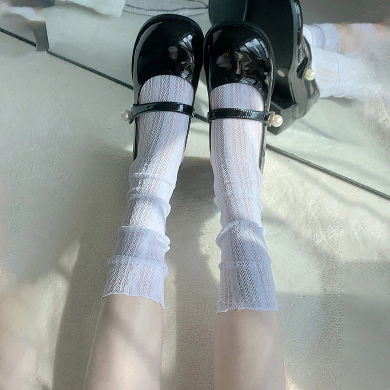 Summer Women Ultra Thin Floral Sexy Transparent Ice Glass Filament Long Tube Korean Lace Medium Tube Crystal Socks Lolita Socks