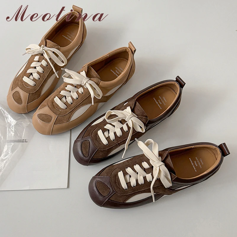 Meotina Women Genuine Leather Sneakers Round Toe Flats Mixed Colors Lace-up Cow Suede Lady Fashion Shoes Spring Autumn Coffee 40