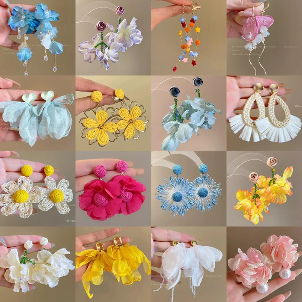 Sweet Simple Blue Chiffon Flower Imitation Pearl Crystal Tassel Dangle Earrings for Women Versatile Vacation Outing Jewelry Gift