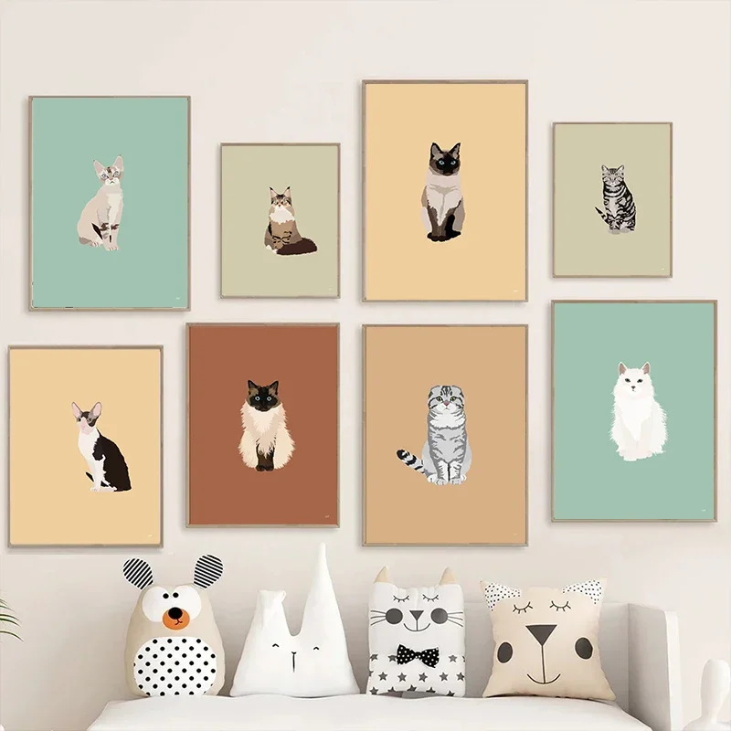 Drei Kätzchen, ein gemütlicher Schlummer – Niedliche siamesische Sphynx und Scottish Fold minimalistische Kawaii rahmenlose Leinwand für Kinderzimmer und Heimdekoration 2026