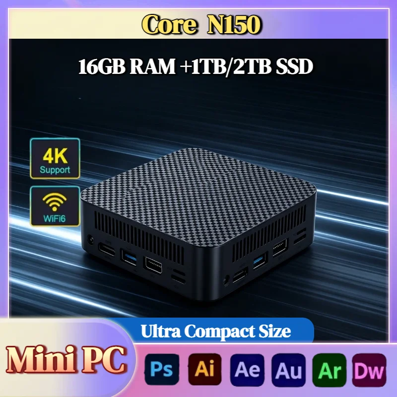 인텔 코어 N150 휴대용 미니 PC 16GB DDR4 M.2 NVMe SSD 트리플 4K WiFi6 저소음 쿨링 사무실/가정용 데스크탑 2026 프로