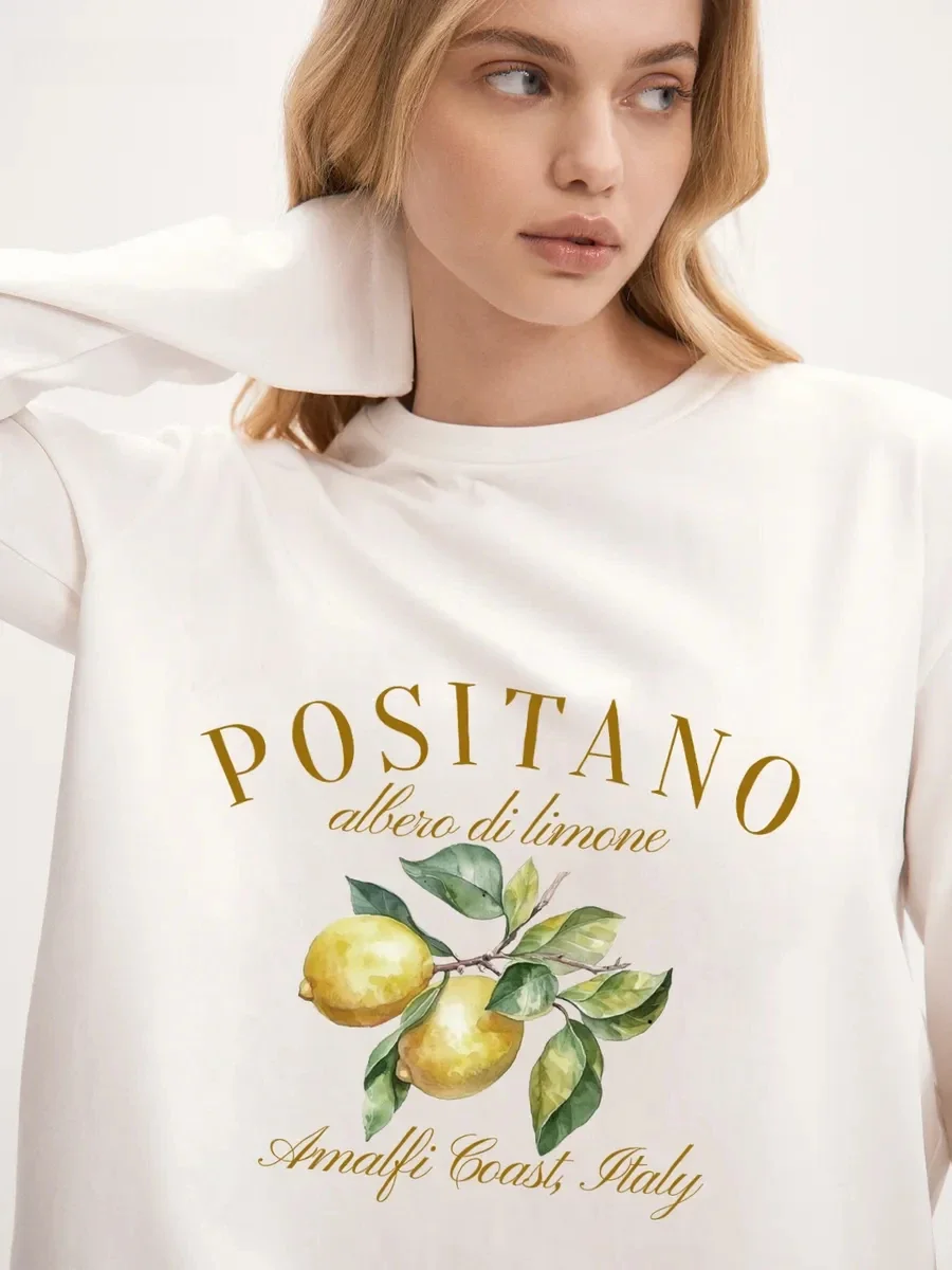 Spring Autumn Women's  Positano Watercolor Lemon Fruit Letter Front Print Long Sleeve 100% CottonT Shirt Loose Daily Wear Top