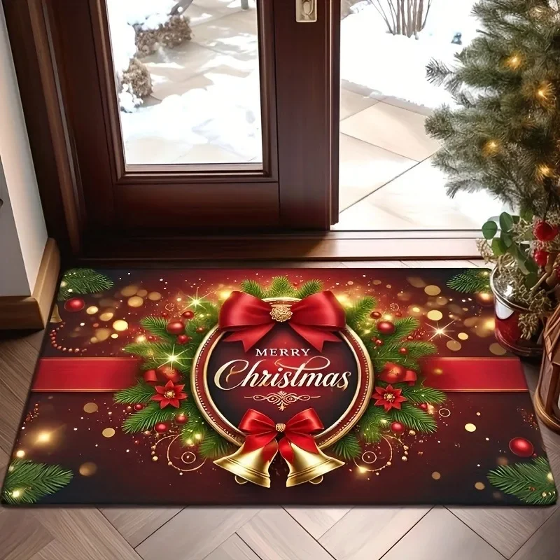 VIKAMA Christmas Door Mat Bell Xmas Tree Print Welcome Rug Non Slip For Entryway Front Door Indoor Outdoor Holiday Home Decor