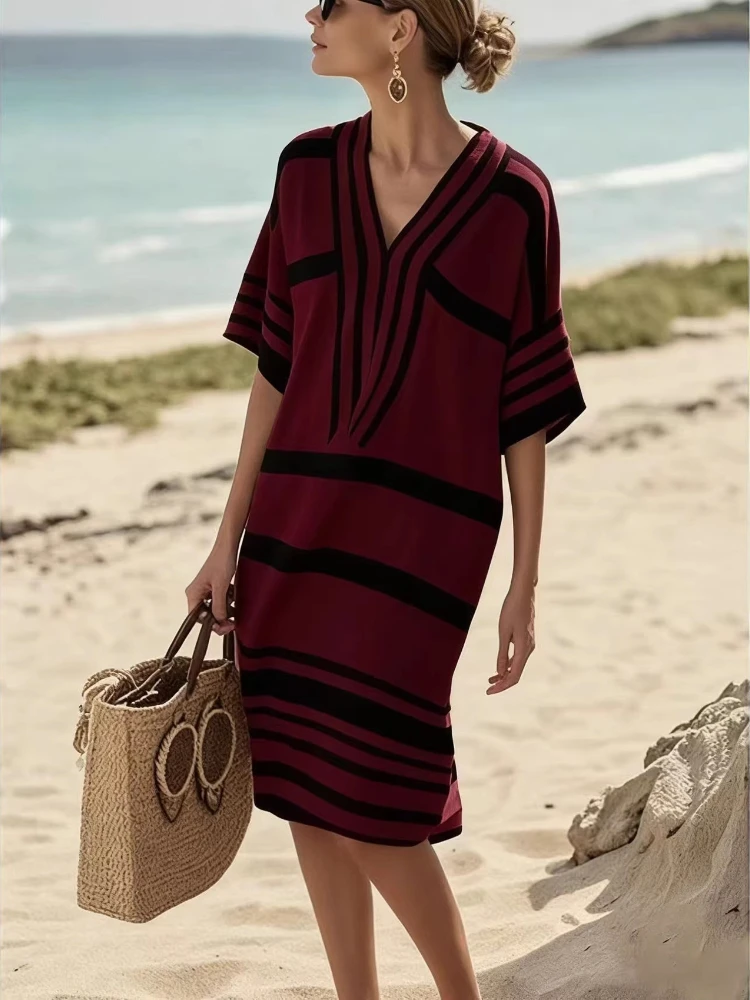 New Digital Printed Strip Casual Loose Grain Deep V-neck Short Sleeved Dress for Daily Commuting and Beach Vacation Long Skirt