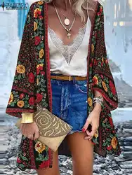 ZANZEA Bohemian Women Beach Cardigan Summer Floral Printed Blouse Kimono Vintage Open Front Long Sleeve Tunic Tops Holiday Shirt