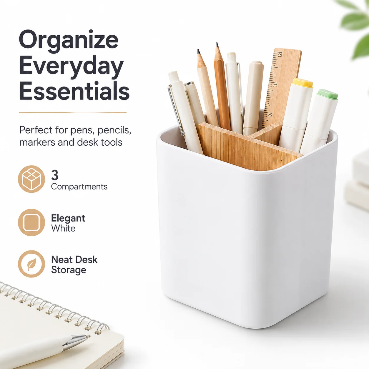 QA Modern Desk Pen Holder Organizer 3 Compartments Bamboo Divider White Minimalist Storage Cup for Office Home School Supplies O view 6