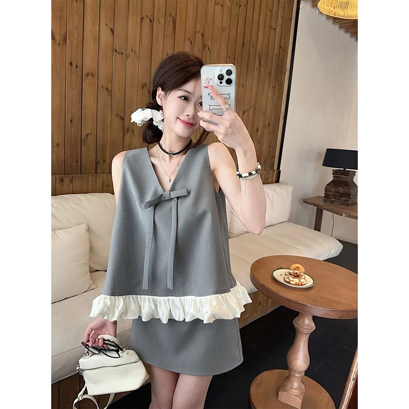 

Celebrity Lady Elegant Black Grey 2 Piece Dress Sets Color Patchwork V Neck Bow Vest Tank Top&Mini A Line Skirt 2pc Blazer Suits
