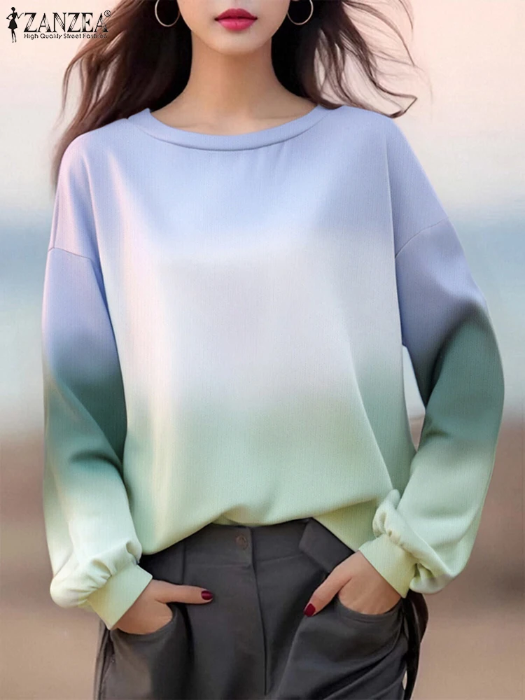 ZANZEA Fashion Women Long Sleeve Sweatshirts 2025 Autumn Drop-Shoulder Hoodies Gradient Color Round Neck Causal Loose Pullovers