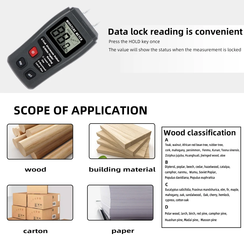 Portable Wood Moisture Meter 0-99.9% Humidity Content Tester Two Pins Digital Hygrometer Moisture Analyzer for Wood Timber Damp