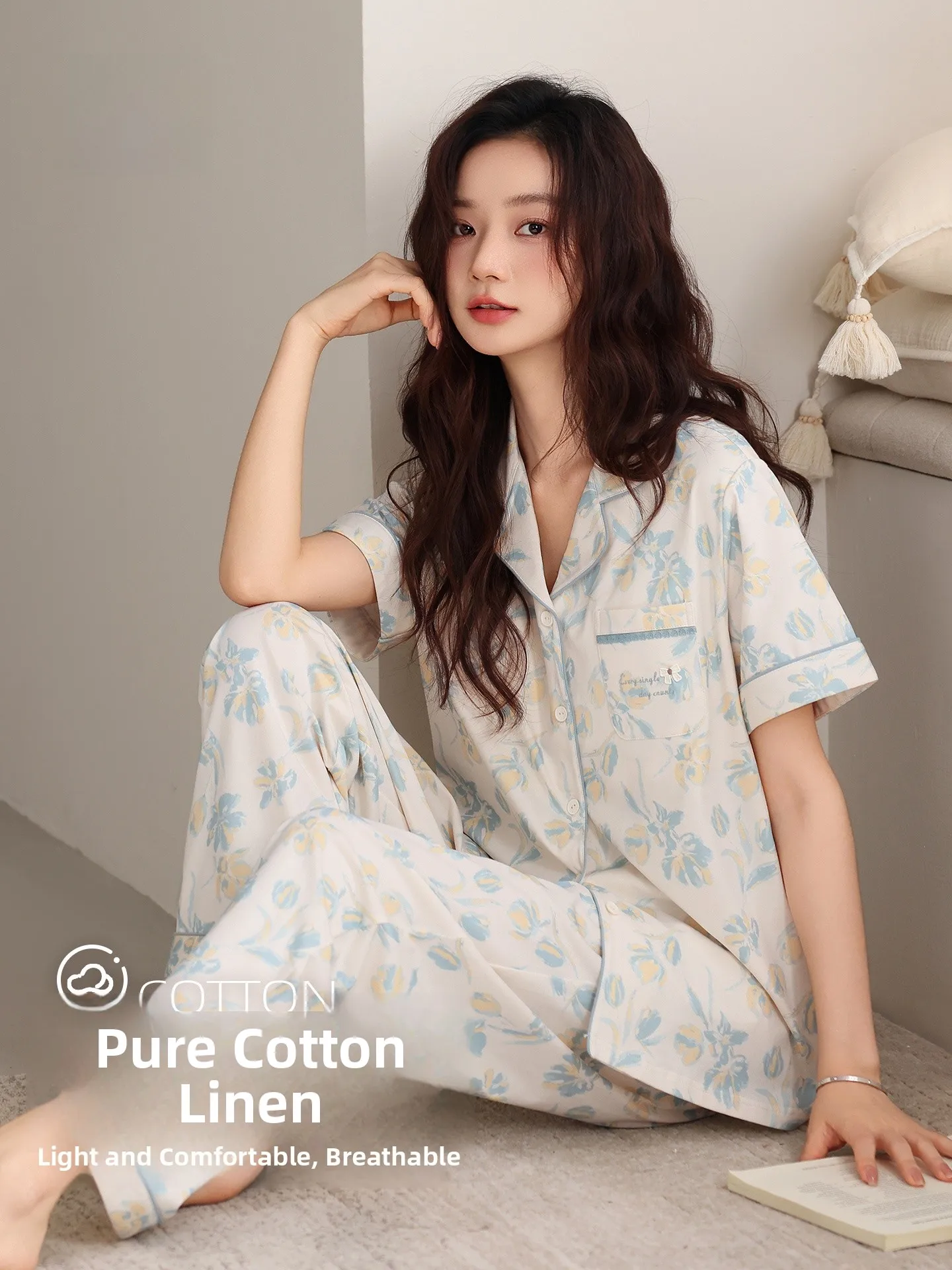ladies-summer-thin-pure-cotton-sleepwear-with-chest-pad-casual-short-sleeve-long-pants-plus-size-comfortable-high-end-home-cl