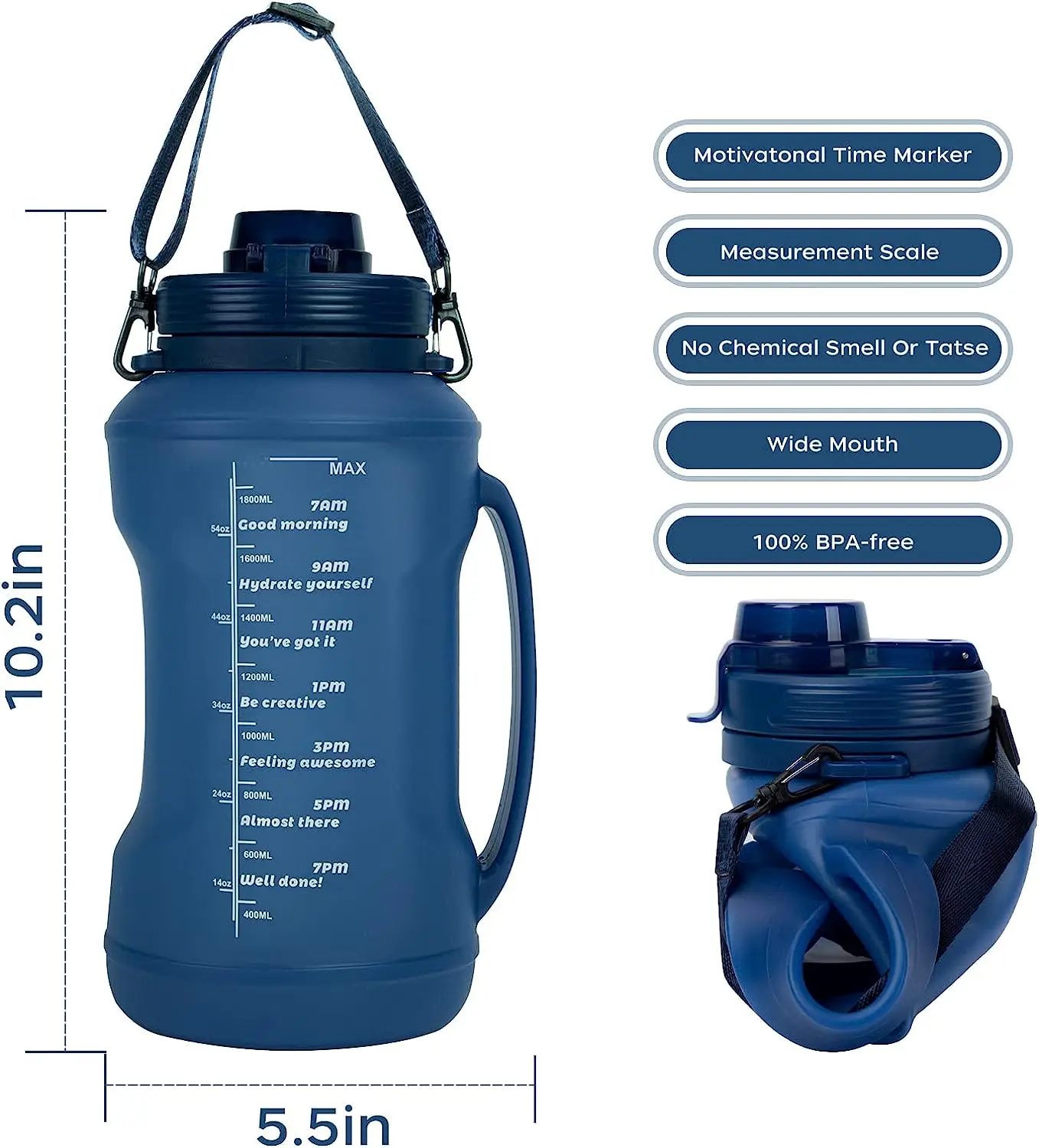 2L Collapsible Water Bottle - Foldable Silicone Travel Water Bottle with Motivational Times to Drink - with Straw