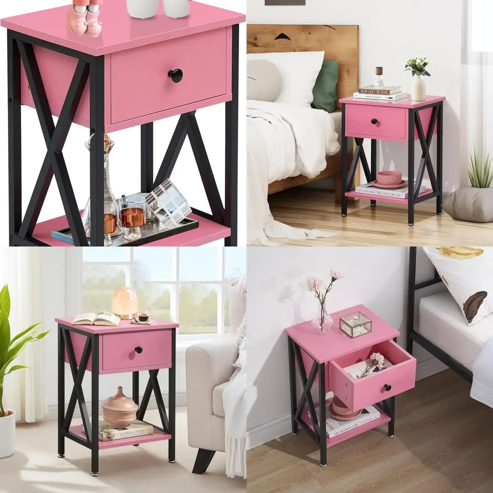 

Industrial Style Metal Nightstand with Drawer and Shelf for Modern Living Spaces