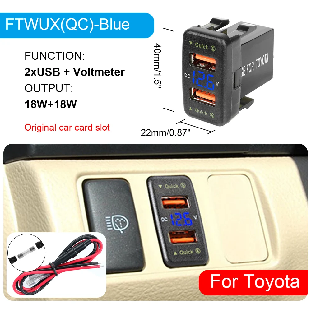 Power Adapter For Toyota 12-24V Voltmeter LED Car Accessories QC Car Socket Charger Dual USB Quick Charge For Mobile Phone