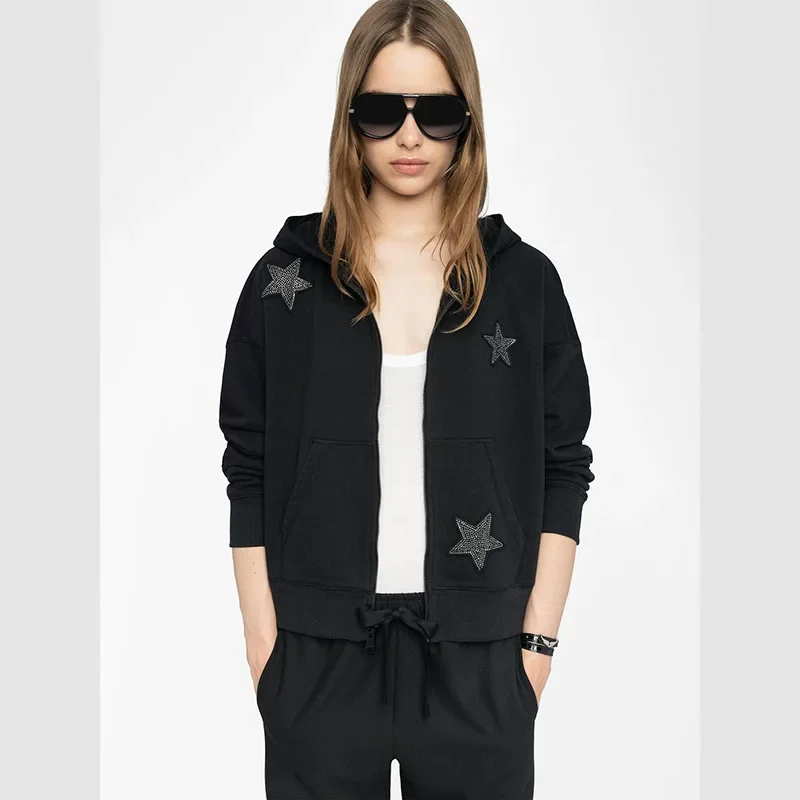 25 가을 겨울 신상 프렌치 니치 별 가득한 스티커 자수 핫 다이아몬드 여성 벨벳 지퍼 후드 재킷