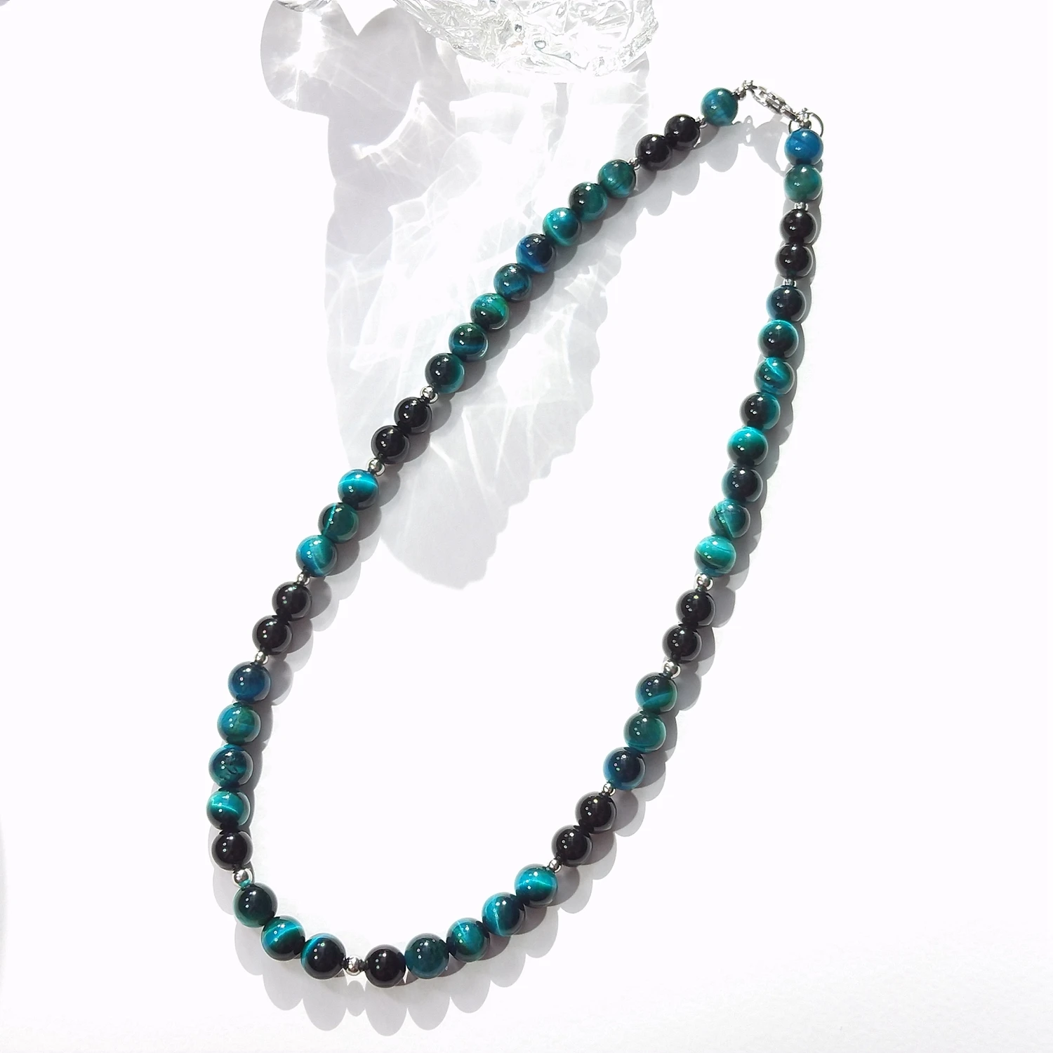 

Lii Ji 8mm Light Blue Tiger Eye With Black Agate Stainless Steel Necklace 48cm Trendy Bohe Necklace For Male