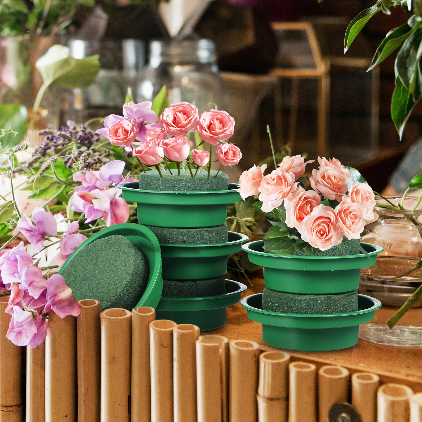 

6pcs Floral Foam Flower Mud For Wet Dry Arrangements Round Absorbent Base Cage Florist Supplies Flower Arrangement Tools Garden