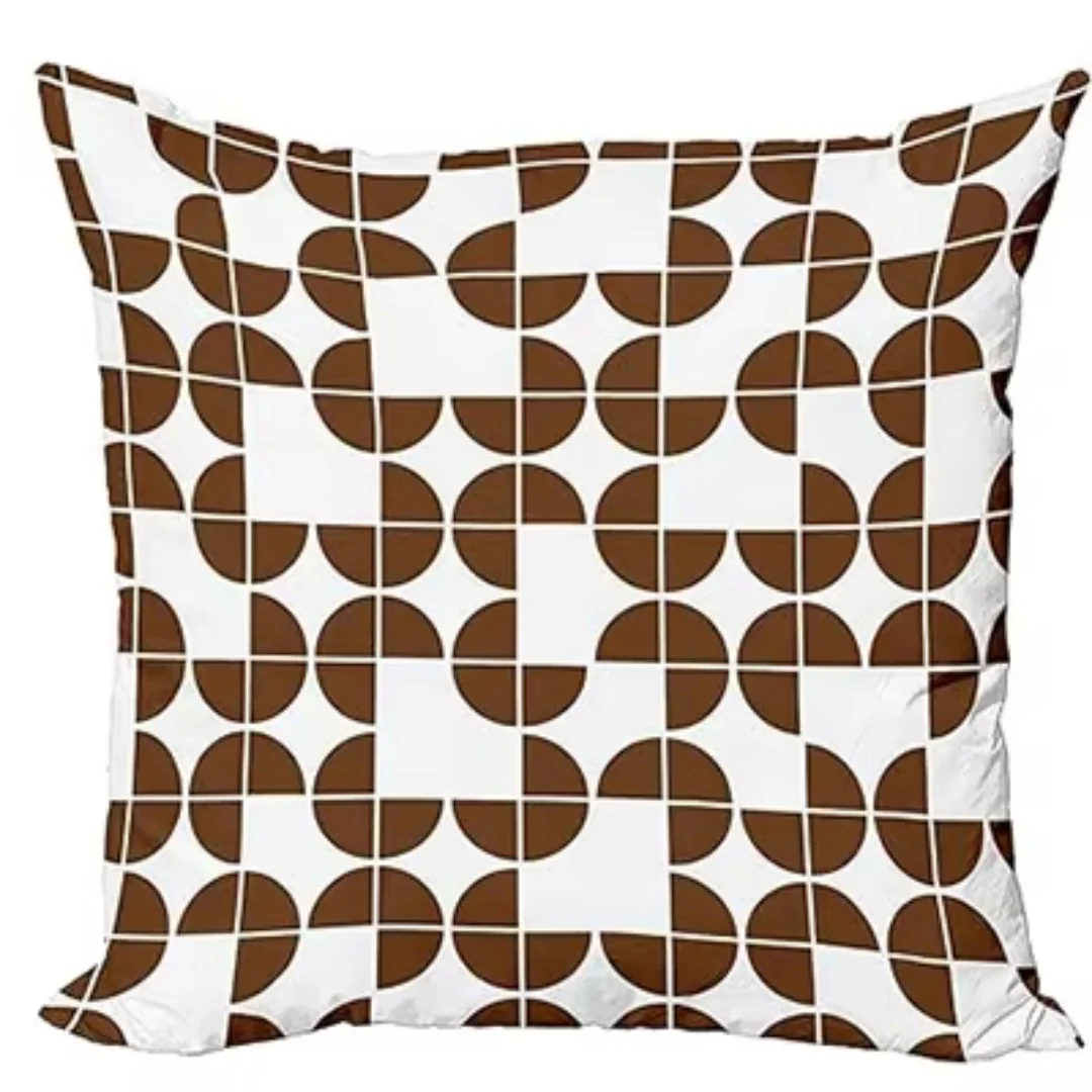 Modern Brown & White Pillow Cover  Abstract Wave, Retro Circle & Leaf Digital Print, Stylish Cushion Cover for Home Decor