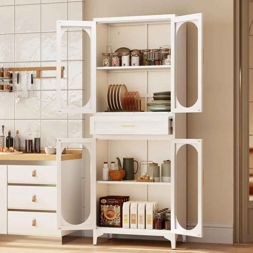 

75" Tall Kitchen Pantry Cabinet, Metal Storage Cabinets with 4 Glass Doors and 1 Drawer, Freestanding Display Cupboard