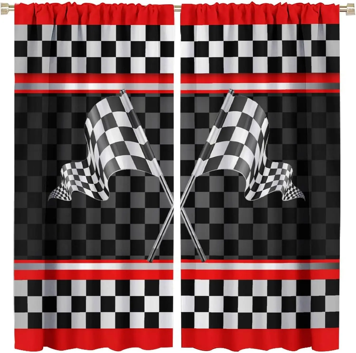 Classic Racing Check Flag Curtain 2 Panels, Red Silver Trim Black White Grid Allover Print, Curtains for Boy Teen Decor Curtain