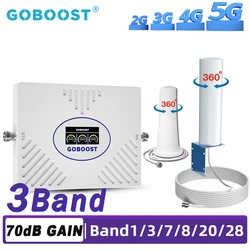 GOBOOST 3g 4g 5g amplificador celular de 3 bandas 70dB 700 900 1800 2100 2600MHz repetidor de celda amplificador de señal de red 360 °   Kit de antena