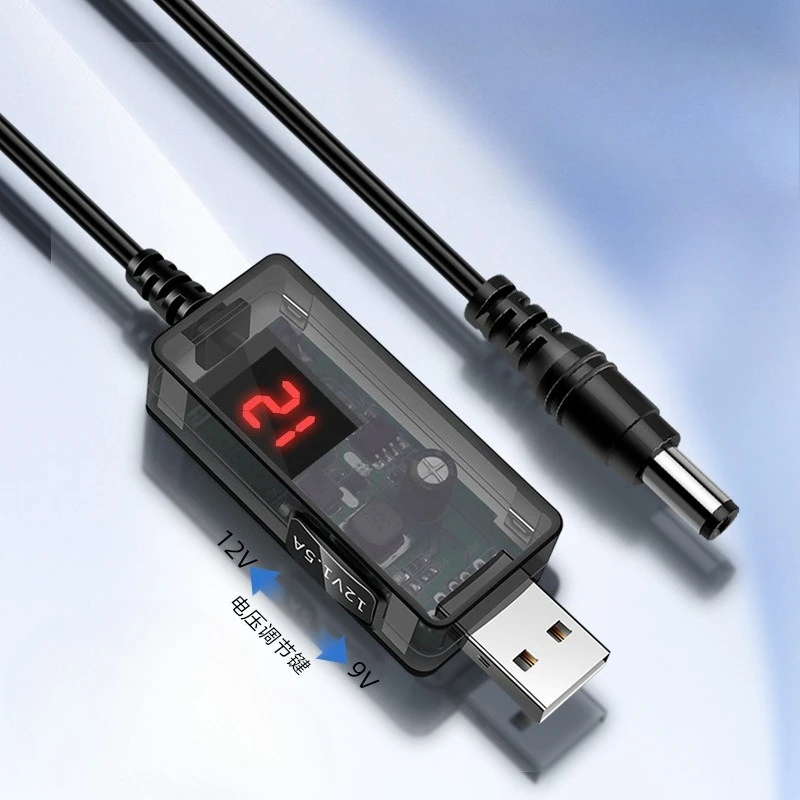 USB to DC 5.5mm Transparent Boost Cable, 5V to 12V Adjustable Power Line for Router & Optical Modem