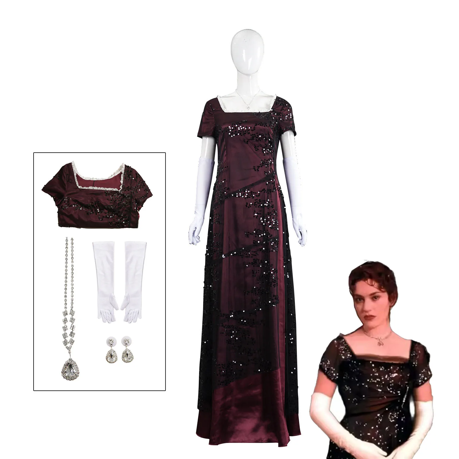 Disfraz de cosplay de la película TITANIC Rose, vestido de noche largo gótico rojo vino para mujer, traje de DeWitt Bukater para Halloween, fiesta de carnaval