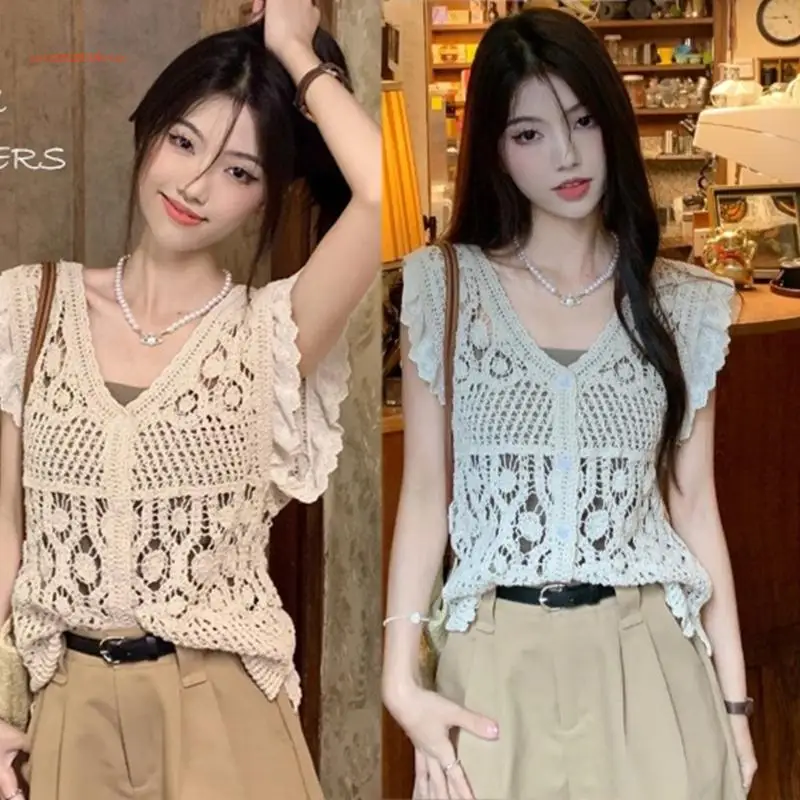 Phụ nữ không tay Tanks Top Casual Loose Ren Crochet Vest Hollow Yếm Áo khoác