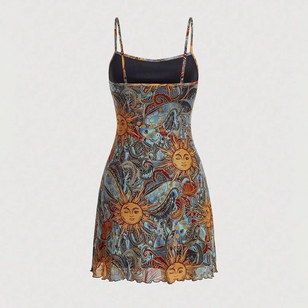 فساتين الخريف النسائية 2025 Hotsweet جرافيك طباعة بلا أكمام ساحة الرقبة فستان كامي صغير فليرتي انتفض هيم لقضاء عطلة المشاعر #4