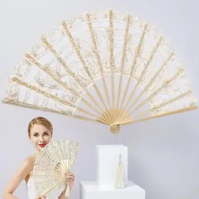 

Cotton Bamboo Lace Folding Fan Beige Vintage Style Elegant Gift Portable Hand Fan for Women Ladies Summer Performance