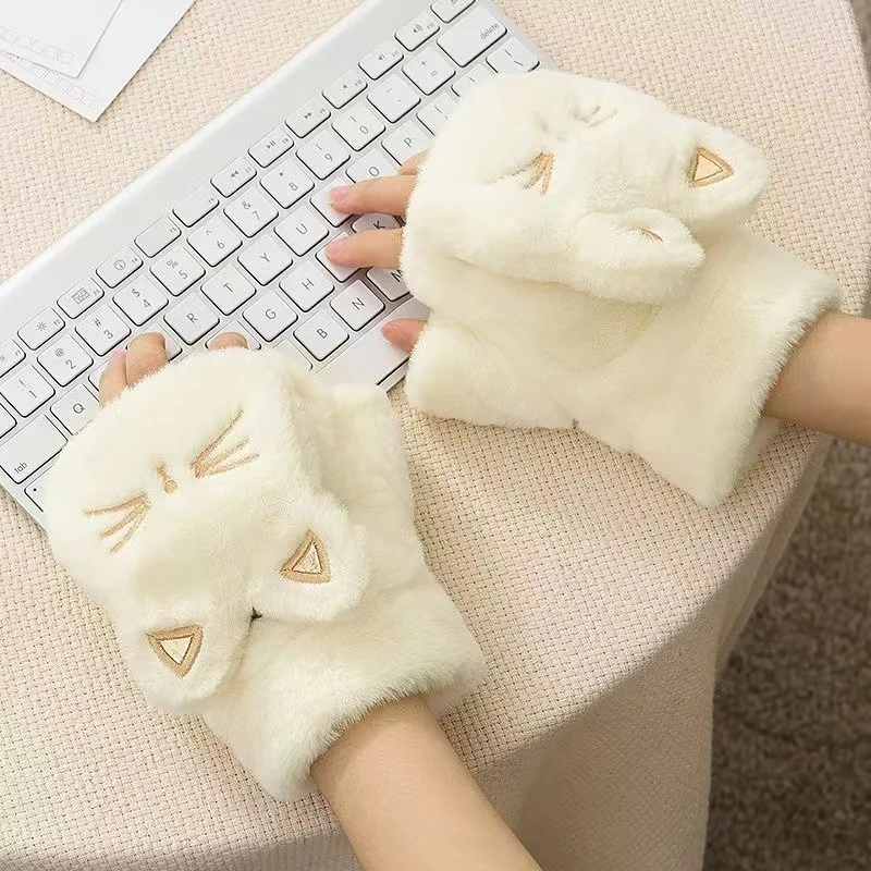 Cat Gloves Winter Women's Plush Cute Fingerless Korean Style Half Finger Warm Student Girl Plush Flip Cross-Border