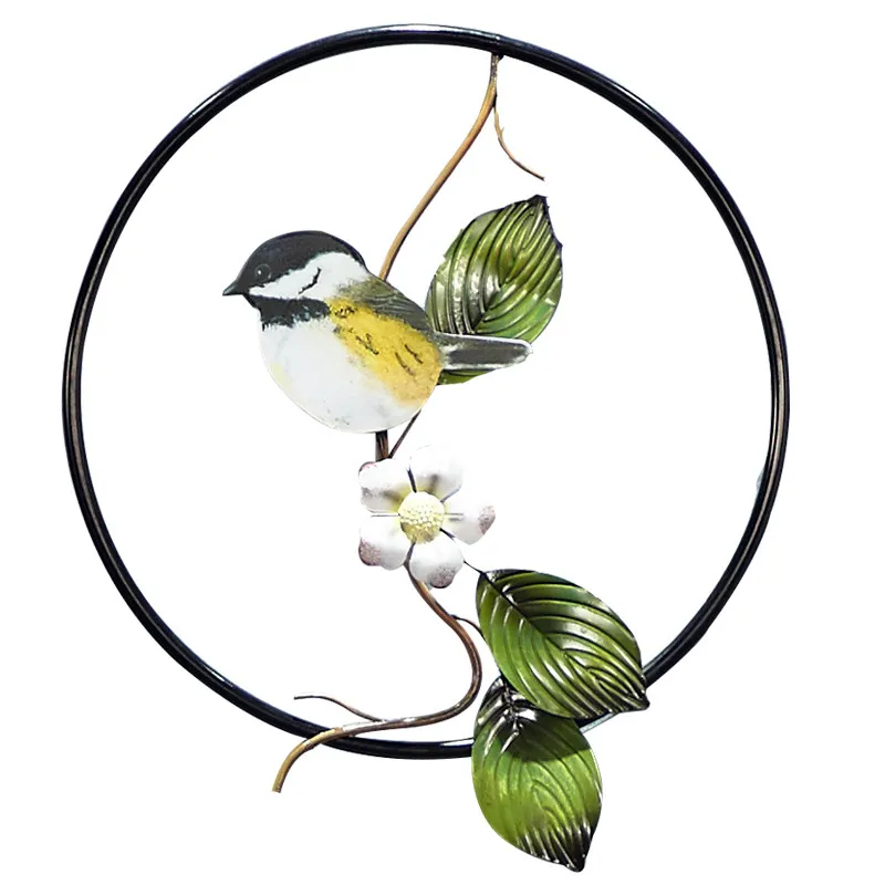 Modern Wrought Iron Flower Bird Round Ring Wall Mural Home Livingroom Proch 3D Sticker Hotel Club Hanging Decoration