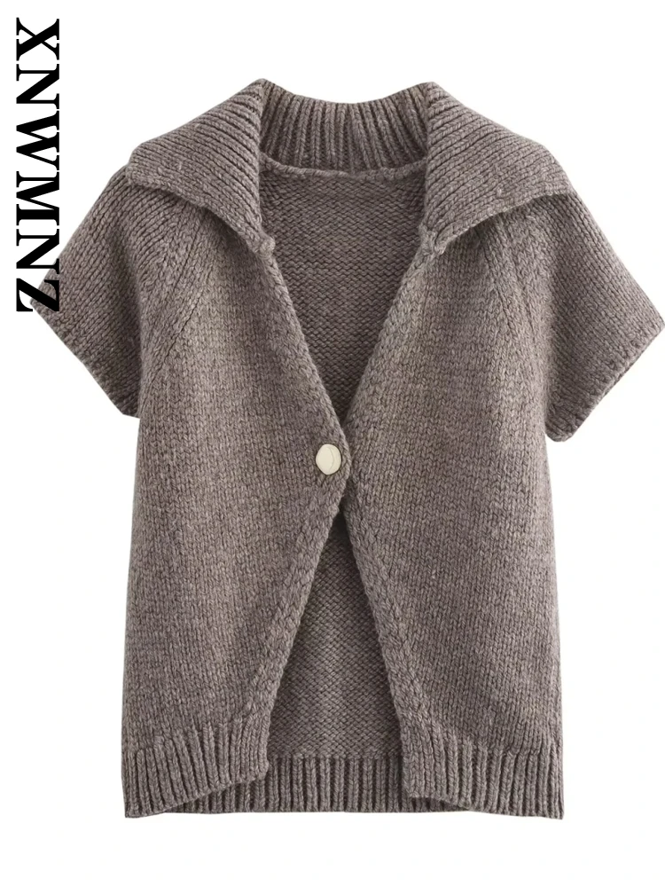 XNWMNZ Woman 2024 New Autumn Fashion Turn-down Collar One Buttons Cardigan Top Female Casual Solid Color Knit Short Sleeve Coat