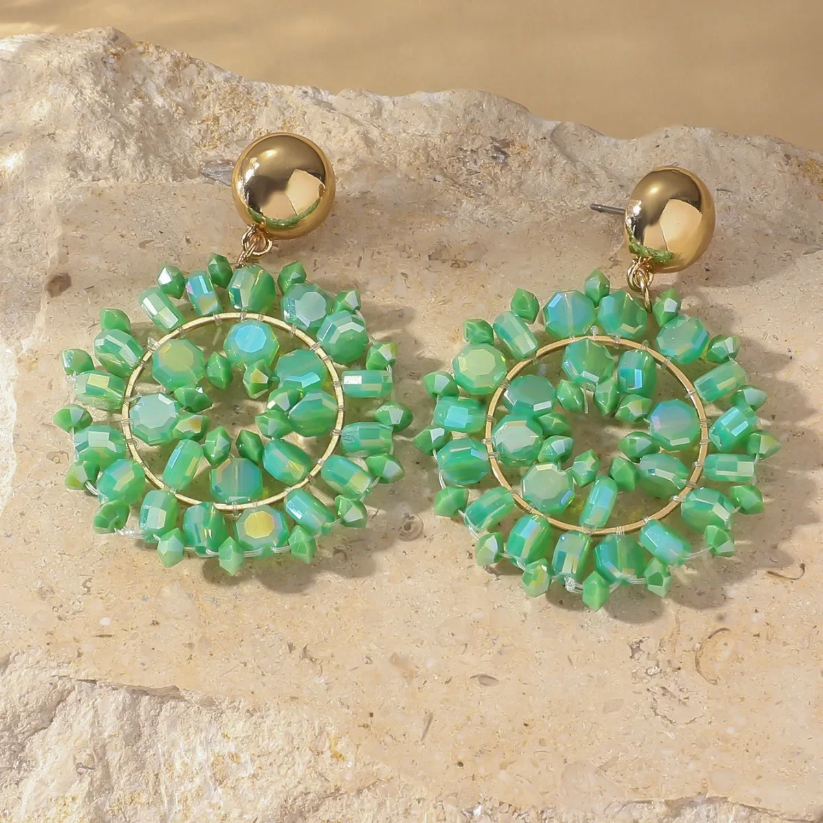 

2025 Handmade Bead Earrings Circle Flowers Hollowed-out Bohemia Hand Weaving Creativity Crystal Beaded Earrings For Women