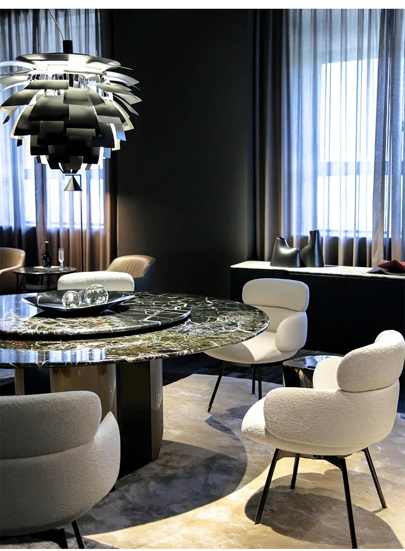 Natural green luxury stone dining table Light luxury high-end villa with turntable round table Natural marble dining table