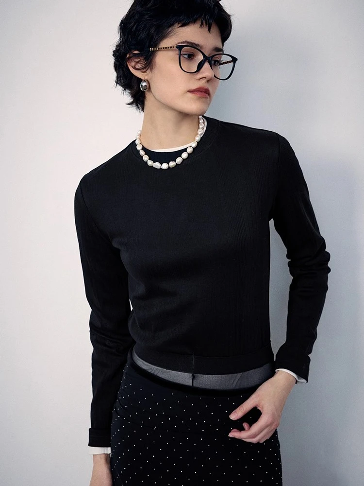 Katoenen kleine halfhoge kraag, onregelmatig geribbeld effen wit basisoverhemd met hoge elasticiteit voor herfst en winter 2025