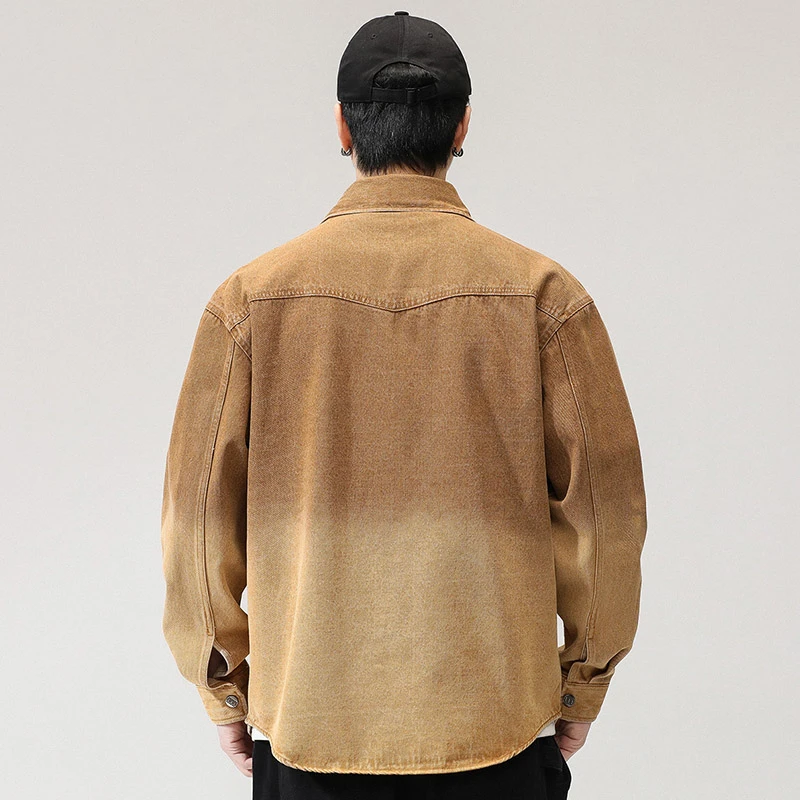 Vintage Yellow Denim Shirt Men Streetwear Fashion Loose Casual Long Sleeve Plus Size Jeans Shirts Cityboy Blouse Jacket