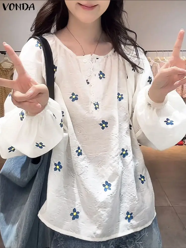 2026 VONDA ボヘミアン女性花柄ブラウス春のファッションシャツロングパフスリーブ O ネックカジュアルチュニックトップス Blusas Femininas
