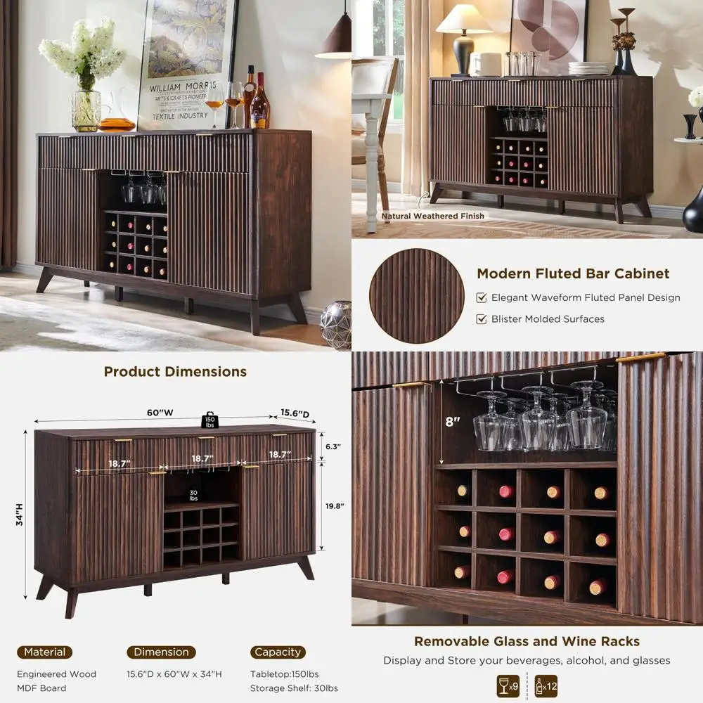 Armário buffet canelado contemporâneo com armazenamento - 3 gavetas, 2 portas, suportes para vinho e copos